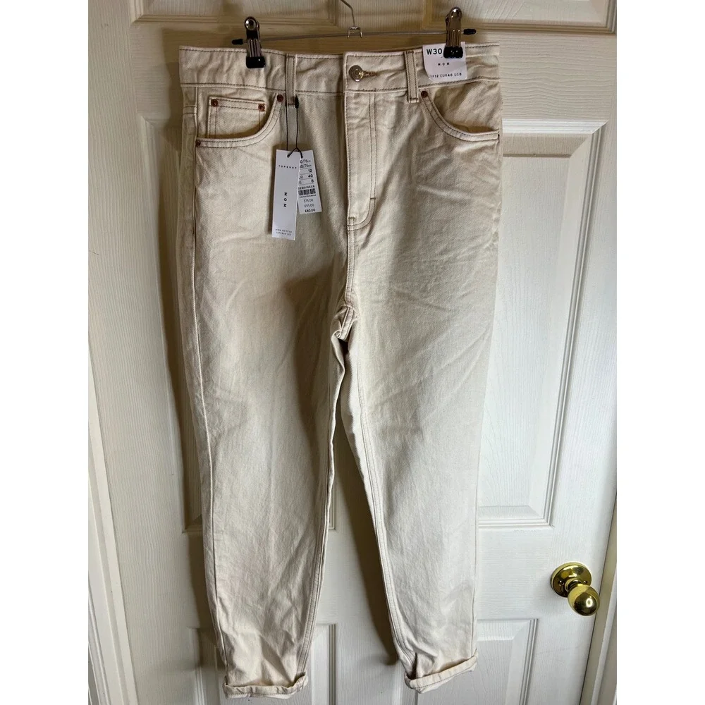 Topshop mom high waisted tapered‎ leg jeans color ecru size 8 W30 L30 NWT
